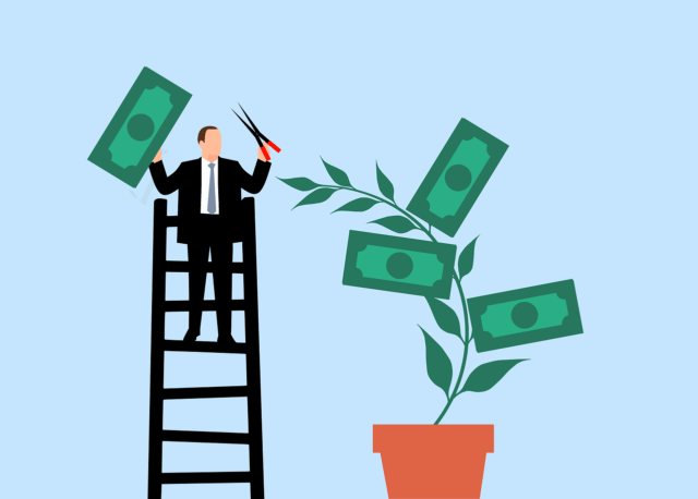 business man, investment, profit, gain, business, collect, money, plant, trim, trimming, scissors, finance, success, nature, growth, wealth, cash, rich, savings, income, earnings, accounting, cartoon, salary, payment, passive income
