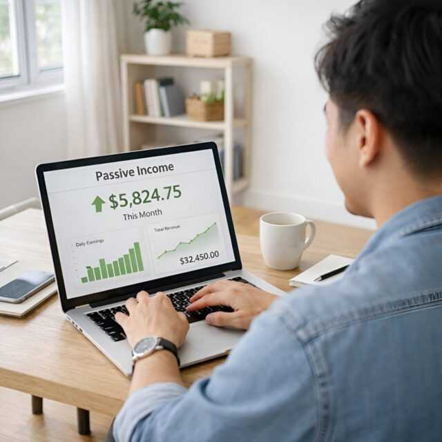 passive income, home office, digital nomad, workspace, modern office, natural light, independence, laptop work, productivity, technology, computer work, financial success, entrepreneur, online business, working from home, monthly income, young professional, self-confidence, reward, confident entrepreneur